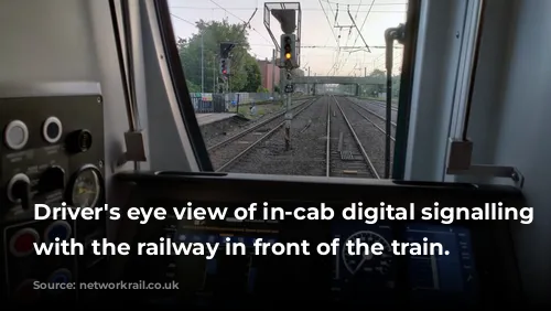 Driver's eye view of in-cab digital signalling equipment, with the railway in front of the train.