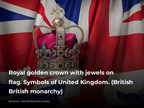 Royal golden crown with jewels on British flag. Symbols of United Kingdom. (British royalty, British monarchy)