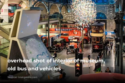 overhead shot of interior of museum, featuirng old bus and vehicles