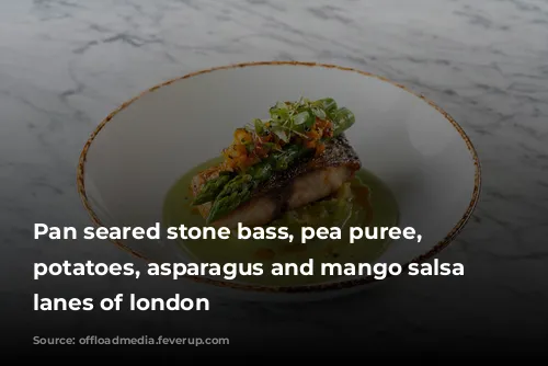 Pan seared stone bass, pea puree, crushed potatoes, asparagus and mango salsa at lanes of london