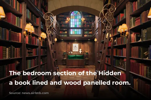 The bedroom section of the Hidden Library, a book lined and wood panelled room.