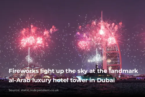 Fireworks light up the sky at the landmark Burj al-Arab luxury hotel tower in Dubai