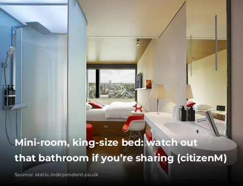 Mini-room, king-size bed: watch out for that bathroom if you’re sharing (citizenM)