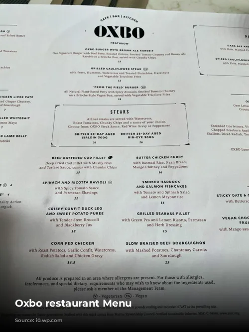 Oxbo restaurant Menu