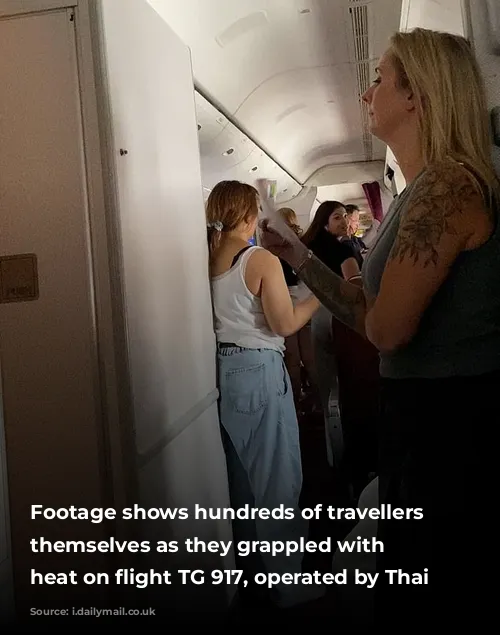 Footage shows hundreds of travellers fanning themselves as they grappled with the heat on flight TG 917, operated by Thai Airways