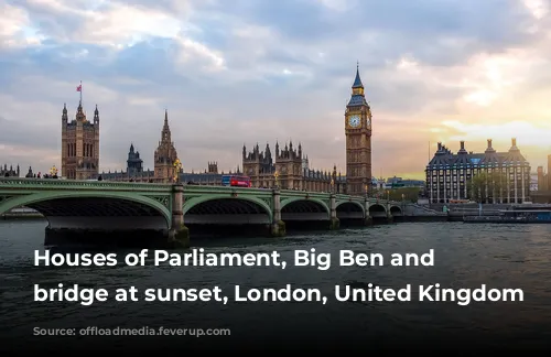 Houses of Parliament, Big Ben and Westminster bridge at sunset, London, United Kingdom