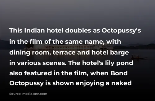 This Indian hotel doubles as Octopussy's lair in the film of the same name, with the dining room, terrace and hotel barge appearing in various scenes. The hotel's lily pond is also featured in the film, when Bond girl Octopussy is shown enjoying a naked swim.