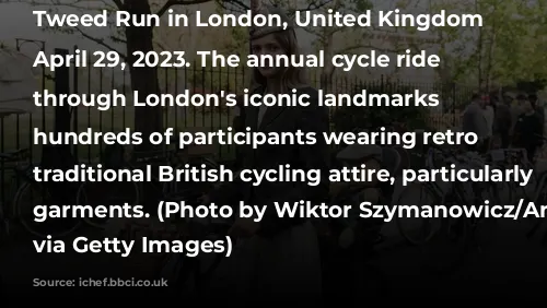 LONDON, UNITED KINGDOM - APRIL 29: A cyclist wearing vintage dress and accessories arrives in Clerkenwell to take part in The Tweed Run in London, United Kingdom on April 29, 2023. The annual cycle ride passing through London's iconic landmarks attracts hundreds of participants wearing retro style traditional British cycling attire, particularly tweed garments. (Photo by Wiktor Szymanowicz/Anadolu Agency via Getty Images)