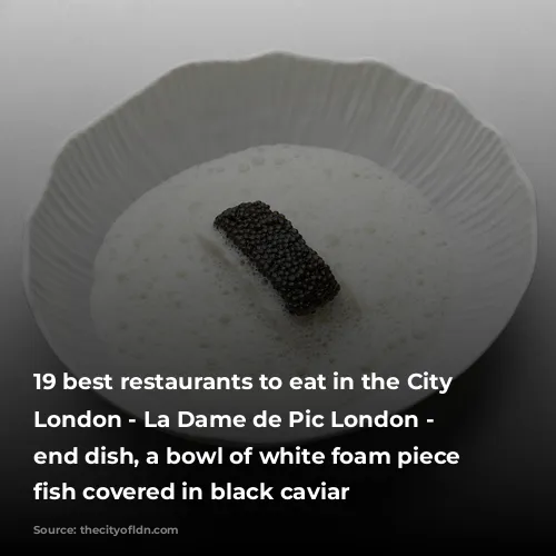 19 best restaurants to eat in the City of London - La Dame de Pic London - high end dish, a bowl of white foam piece of fish covered in black caviar 