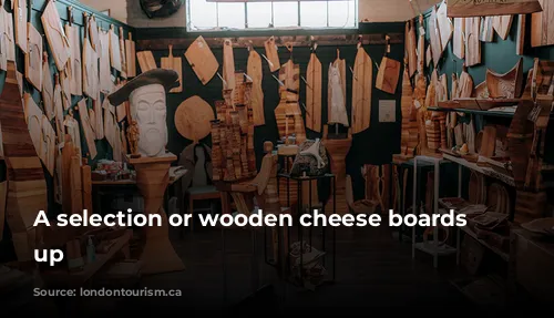 A selection or wooden cheese boards hung up