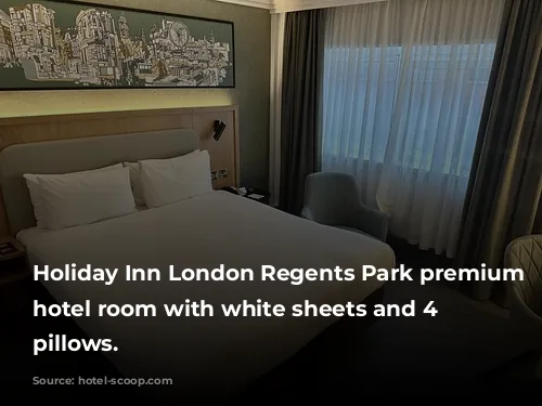 Holiday Inn London Regents Park premium double hotel room with white sheets and 4 white pillows. 