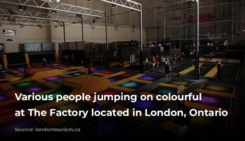 Various people jumping on colourful pads at The Factory located in London, Ontario