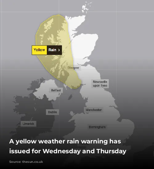 A yellow weather rain warning has been issued for Wednesday and Thursday