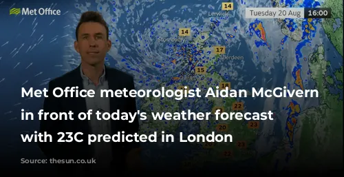 Met Office meteorologist Aidan McGivern standing in front of today's weather forecast - with 23C predicted in London