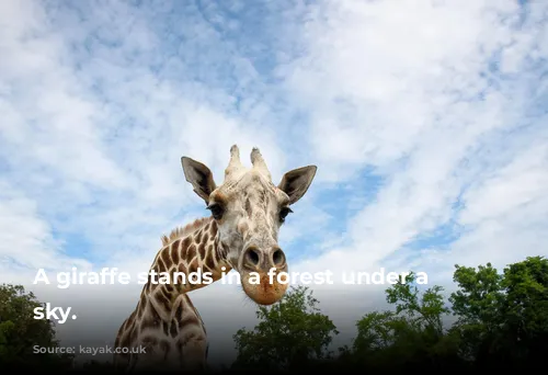 A giraffe stands in a forest under a cloudy sky.