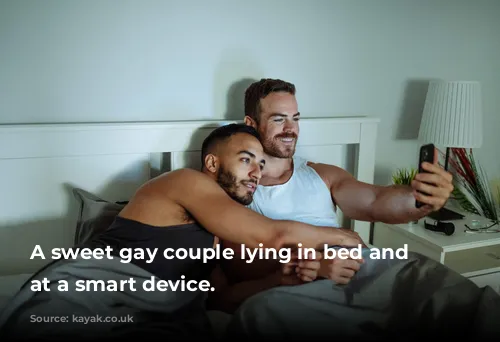 A sweet gay couple lying in bed and looking at a smart device.