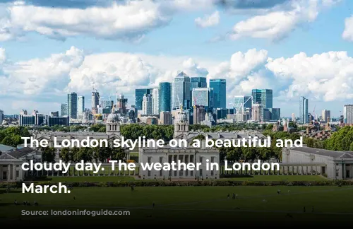 The London skyline on a beautiful and slightly cloudy day. The weather in London in March.