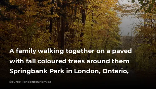 A family walking together on a paved path with fall coloured trees around them in Springbank Park in London, Ontario, Canada