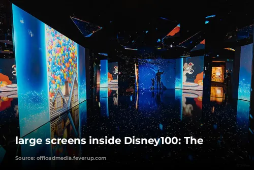 large screens inside Disney100: The Exhibition