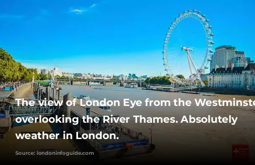 The view of London Eye from the Westminster Bridge overlooking the River Thames. Absolutely beautiful weather in London.