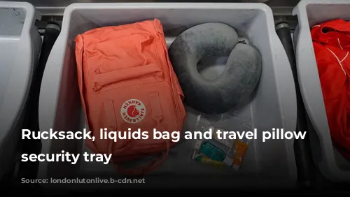 Rucksack, liquids bag and travel pillow in security tray