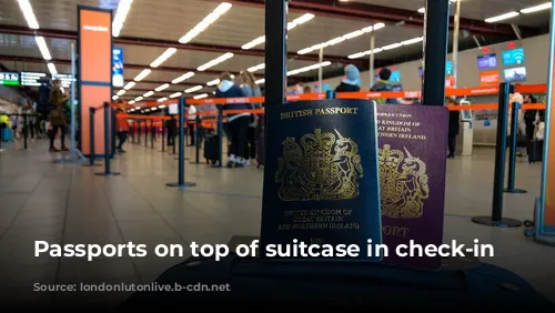 Passports on top of suitcase in check-in area