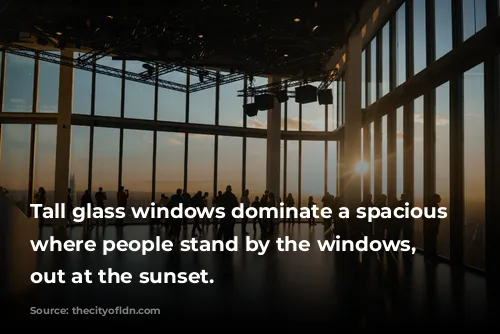 Tall glass windows dominate a spacious area where people stand by the windows, gazing out at the sunset.