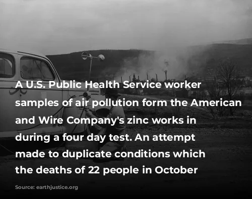 A U.S. Public Health Service worker measures samples of air pollution form the American Steel and Wire Company's zinc works in Donora during a four day test. An attempt was made to duplicate conditions which caused the deaths of 22 people in October 1948.