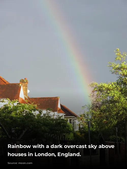 Rainbow with a dark overcast sky above suburban houses in London, England.