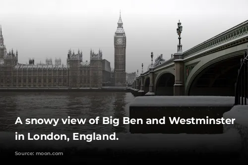 A snowy view of Big Ben and Westminster Palace in London, England.