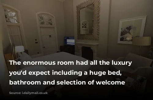 The enormous room had all the luxury amenities you'd expect including a huge bed, massive bathroom and selection of welcome treats