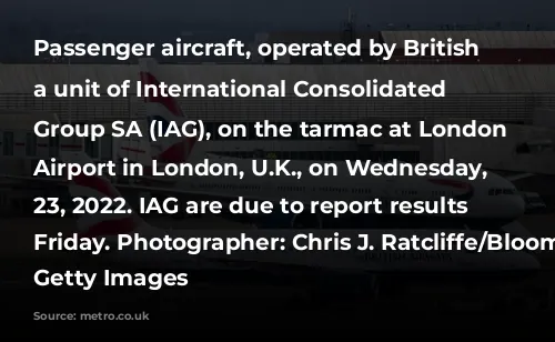 Passenger aircraft, operated by British Airways, a unit of International Consolidated Airlines Group SA (IAG), on the tarmac at London Heathrow Airport in London, U.K., on Wednesday, Feb. 23, 2022. IAG are due to report results on Friday. Photographer: Chris J. Ratcliffe/Bloomberg via Getty Images