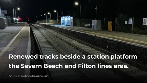 Renewed tracks beside a station platform in the Severn Beach and Filton lines area.