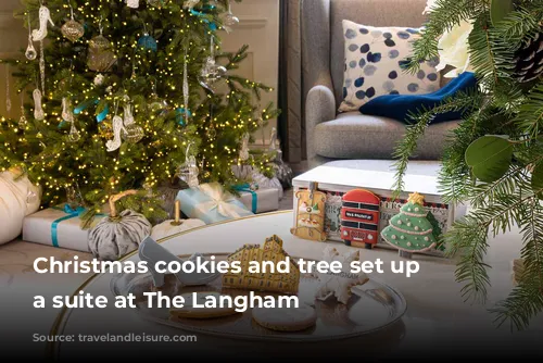 Christmas cookies and tree set up in a suite at The Langham