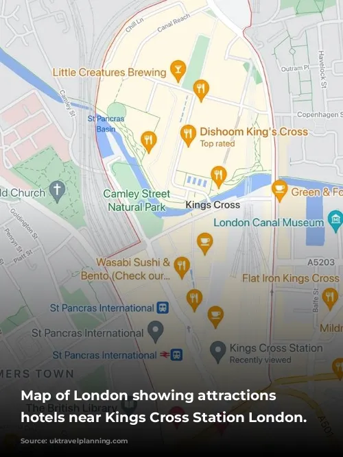 Map of London showing attractions and  hotels near Kings Cross Station London.