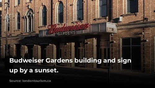 Budweiser Gardens building and sign lit up by a sunset.