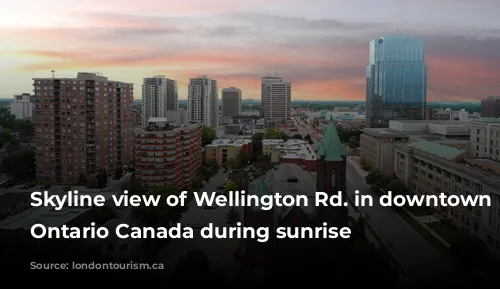 Skyline view of Wellington Rd. in downtown London, Ontario Canada during sunrise