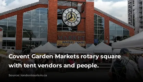 Covent Garden Markets rotary square filled with tent vendors and people.