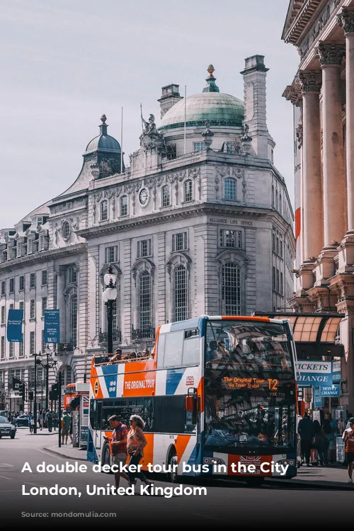 A double decker tour bus in the City of London, United Kingdom