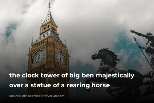 the clock tower of big ben majestically towering over a statue of a rearing horse