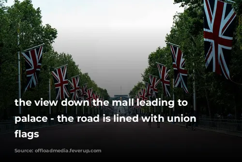 the view down the mall leading to buckingham palace - the road is lined with union jack flags