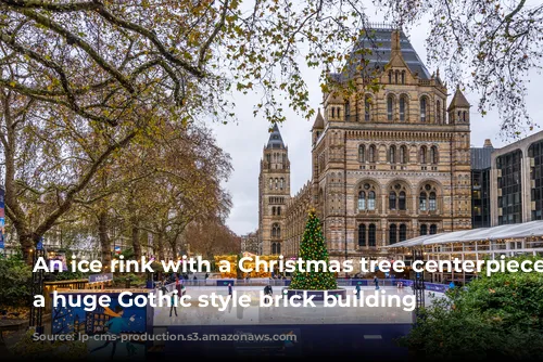 An ice rink with a Christmas tree centerpiece outside a huge Gothic style brick building