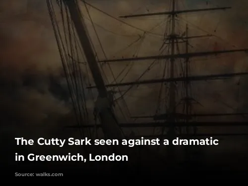 The Cutty Sark seen against a dramatic sky in Greenwich, London